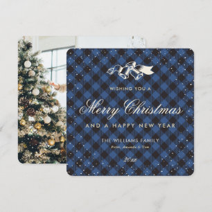 Cartes Pour Fêtes Annuelles Bleu Buffalo Plaid Neige Photo Classique