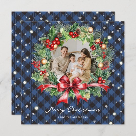 Cartes Pour Fêtes Annuelles Bleu Buffalo Plaid Wreath Stars Photo Noël (Devant / Derrière)