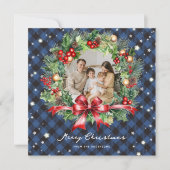 Cartes Pour Fêtes Annuelles Bleu Buffalo Plaid Wreath Stars Photo Noël (Devant)