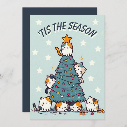 Cartes Pour Fêtes Annuelles Bleu 'C'est la saison chat calico arbre de Noël (Devant / Derrière)