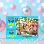 Cartes Pour Fêtes Annuelles Bleu clair Joyeux Noël Deux photos Collage<br><div class="desc">Joli et joyeux cartes de fin de année de collage photo de famille avec un brin coloré de lumières de Noël enveloppé autour de vos 2 photos préférées pour enfants. Puisse Vos Jours Être Joyeux et Lumineux, écrits en lettres gras. Un arc-en-ciel de couleurs pour les vacances. Ajoutez vos deux...</div>