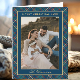 Cartes Pour Fêtes Annuelles Bleu Classique à Carreaux Photo Vintage Noël Plié