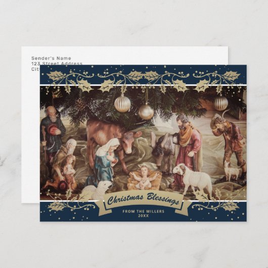 Cartes Pour Fêtes Annuelles Bleu crèche scène Christian Noël Photo (Devant / Derrière)