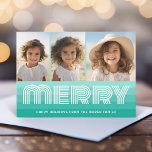 Cartes Pour Fêtes Annuelles Bleu d'Aquamarine - Joyeux 3 Photo<br><div class="desc">Avant - Design de Noël non conventionnel avec une ambiance les années 70. Un motif de rayures rétro dans les tons bleu aqua avec un type funky pour l'accueil familial. Retour - Retro Line Art in Blues and Aqua — Si vous avez besoin de déplacer quelque chose, cliquez sur le...</div>