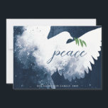 Cartes Pour Fêtes Annuelles Bleu de la Marine de la colombe<br><div class="desc">Ces cartes de voeux de vacances à 7" x 5" présentent une colombe abstraite dans les tons bleu marine. "peace" en bleu accompagné d'une branche d'olivier verte. Customisez avec votre nom de famille et votre année.</div>