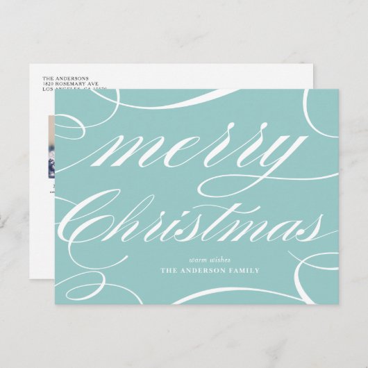 Cartes Pour Fêtes Annuelles Bleu Élégant Script fleuri Joyeux Noël (Devant / Derrière)