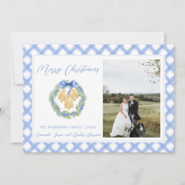 Cartes Pour Fêtes Annuelles Bleu En vichy cloches à couronne de Noël Vintage P