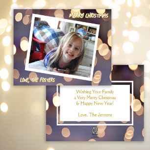 Cartes Pour Fêtes Annuelles Bleu et or Bokeh scintillent Noël Photo