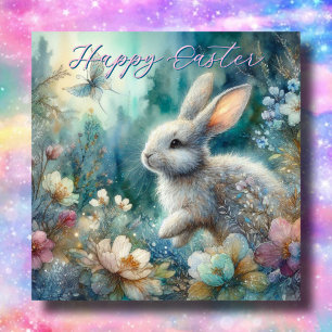 Cartes Pour Fêtes Annuelles Bleu Floral Joyeux Lapin Aquarelle de Pâques