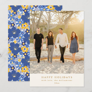Cartes Pour Fêtes Annuelles Bleu Jaune Floral Hanoukka Fête Photo Élégant