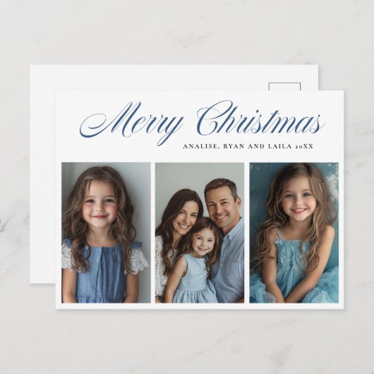 Cartes Pour Fêtes Annuelles Bleu Joyeux Noël Trois photos design (Devant / Derrière)