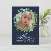 Cartes Pour Fêtes Annuelles Bleu moderne Élégant Script Eucalyptus Foliage (Debout devant)