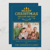 Cartes Pour Fêtes Annuelles Bleu or Joyeux Noël Bonne année photo (Devant / Derrière)