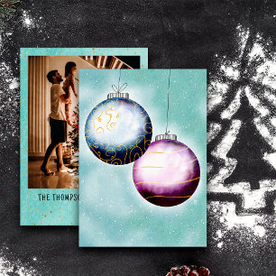 Cartes Pour Fêtes Annuelles Bleu or violet boules de Noël Famille Photo