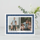 Cartes Pour Fêtes Annuelles Bleu Plaid Love and Joy Double Photo (Debout devant)