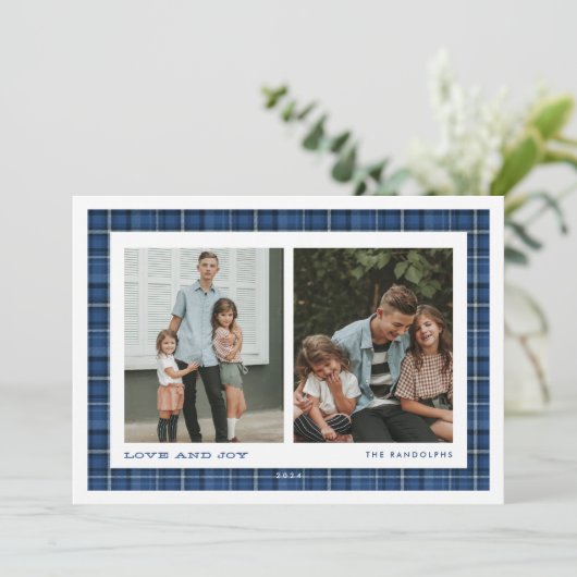 Cartes Pour Fêtes Annuelles Bleu Plaid Love and Joy Double Photo (Debout devant)