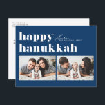 Cartes Pour Fêtes Annuelles Bleu Retro Typographie Happy Hanoukka Deux photos<br><div class="desc">Heureux Hanoukka ! Envoyez vos salutations Hanoukka à votre famille et à vos amis avec cette carte photo personnalisable Hanoukka. Il présente une typographie rétro et audacieuse. Personnalisez en ajoutant vos détails. Cette carte Hanoukka personnalisée est disponible sur d'autres couleurs et cartons. Des éléments correspondants sont disponibles.</div>