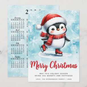 Cartes Pour Fêtes Annuelles Bleu rouge mignon patinage sur glace pingouin Joye