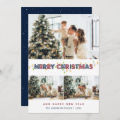 Cartes Pour Fêtes Annuelles Bleu rouge neige Luminaires de Noël 3 Photo (Devant / Derrière)