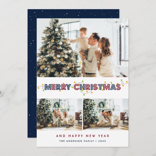 Cartes Pour Fêtes Annuelles Bleu rouge neige Luminaires de Noël 3 Photo (Devant / Derrière)