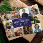 Cartes Pour Fêtes Annuelles Bleu rustique violet Noël 10 Photos Collage<br><div class="desc">Faites vos voeux de vacances vraiment spécial avec notre carte de Noël d'inspiration rustique avec 10 photos de carrés pour capturer et partager vos moments chéris de l'année. Le script vintage sur le devant dit Joyeux Noël et le modèle vous permet de personnaliser votre carte avec trois lignes de texte...</div>