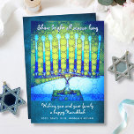 Cartes Pour Fêtes Annuelles Bleu vert Hanoukka Menorah brillant Script<br><div class="desc">"Brille brillant toute la saison." Une photo de fond illustrant une menorah d'art bleu, colorée et brillante vous aide à inaugurer les vacances d'Hanoukka. Sentez la chaleur et la joie de la saison des Fêtes chaque fois que vous envoyez cette magnifique carte de voeux plat Hanoukka colorée. Des enveloppes, des...</div>