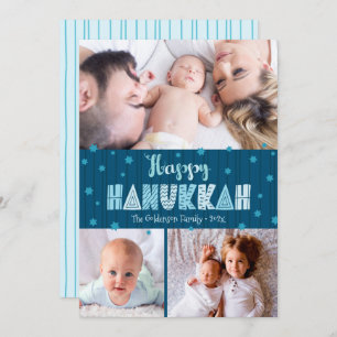 Cartes Pour Fêtes Annuelles Blue 3 Photo Happy Hanoukka Modern Fun Typographie