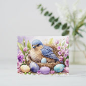 Cartes Pour Fêtes Annuelles Blue Bird Nesting and Easter Eggs, Flowers  (Debout devant)