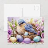 Cartes Pour Fêtes Annuelles Blue Bird Nesting and Easter Eggs, Flowers  (Devant / Derrière)