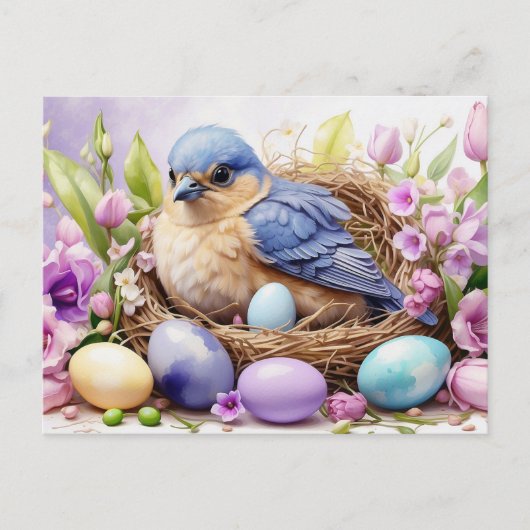 Cartes Pour Fêtes Annuelles Blue Bird Nesting and Easter Eggs, Flowers  (Devant)
