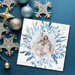 Cartes Pour Fêtes Annuelles Blue Botanical Hanukkah Family Photo Square<br><div class="desc">Beautiful blue watercolor botanical leaves spring out of your vertical Jewish family photograph for a Happy Hanukkah. Personalize this elegant Chanukah square photo card with a 2nd horizontal picture on the back.</div>