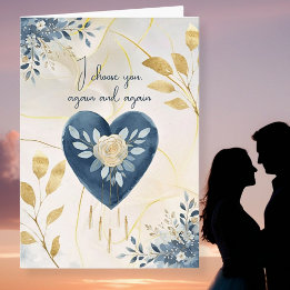Cartes Pour Fêtes Annuelles Blue Botanical Heart with Gold Script Accents
