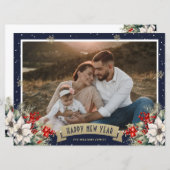 Cartes Pour Fêtes Annuelles Blue Botanical Snowflake Photo Happy New Year (Devant / Derrière)