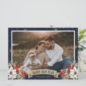 Cartes Pour Fêtes Annuelles Blue Botanical Snowflake Photo Happy New Year (Debout devant)