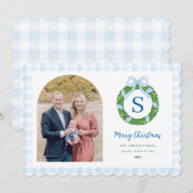 Blue Bow Wreath Christmas Photo Holiday Card