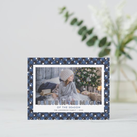 Cartes Pour Fêtes Annuelles Blue Buffalo Plaid Neige Stars Croire Photo (Debout devant)