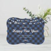 Cartes Pour Fêtes Annuelles Blue Buffalo Plaid String Lights New Year Card (Debout devant)