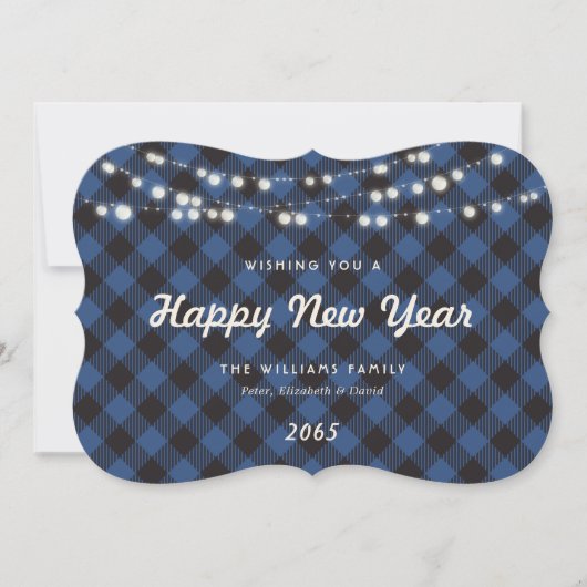 Cartes Pour Fêtes Annuelles Blue Buffalo Plaid String Lights New Year Card (Devant)