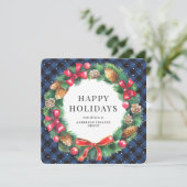 Cartes Pour Fêtes Annuelles Blue Buffalo Plaid Wreath Entreprise (Debout devant)