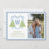 Cartes Pour Fêtes Annuelles Blue Chinoiserie Arbre de Noël Monogram Crest (Devant)