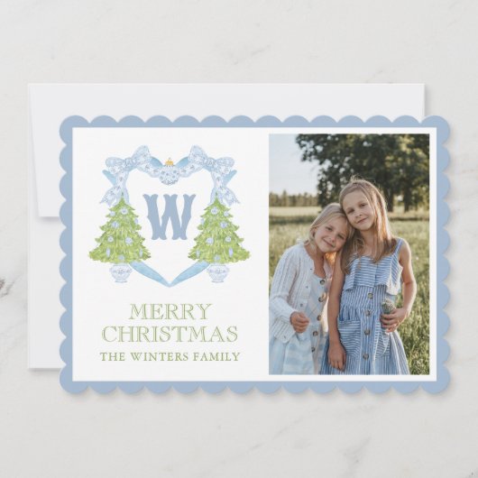 Cartes Pour Fêtes Annuelles Blue Chinoiserie Arbre de Noël Monogram Crest (Devant)