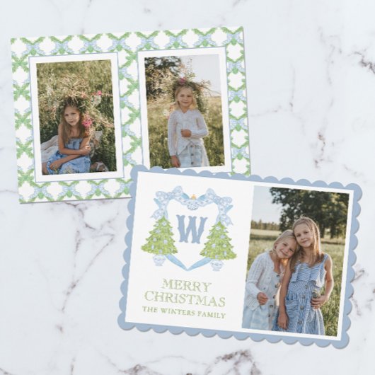 Cartes Pour Fêtes Annuelles Blue Chinoiserie Arbre de Noël Monogram Crest