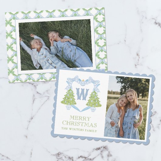 Cartes Pour Fêtes Annuelles Blue Chinoiserie Arbre de Noël Monogram Crest