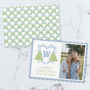 Cartes Pour Fêtes Annuelles Blue Chinoiserie Arbre de Noël Monogram Crest