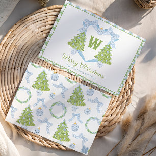 Cartes Pour Fêtes Annuelles Blue Chinoiserie Arbre de Noël Monogram Crest