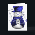 Cartes Pour Fêtes Annuelles Blue Christmas Snowman<br><div class="desc">Un bonhomme de neige mignon et lunatique,  vêtu d'un chapeau et d'un gilet en velours bleu,  entouré d'étoiles bleues pour Noël.</div>