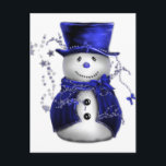 Cartes Pour Fêtes Annuelles Blue Christmas Snowman<br><div class="desc">Un bonhomme de neige mignon et lunatique,  vêtu d'un chapeau et d'un gilet en velours bleu,  entouré d'étoiles bleues pour Noël.</div>