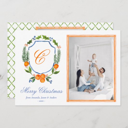 Cartes Pour Fêtes Annuelles Blue Family Crest Citrus Garland Noël 2 Photo (Devant / Derrière)