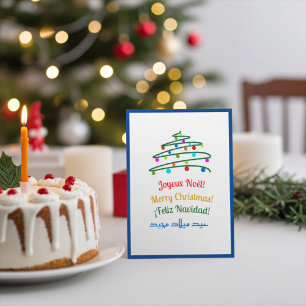 Cartes Pour Fêtes Annuelles Blue Festive Multilingual Joyeux Noël et Arbre