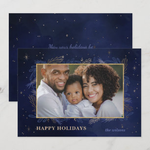 Cartes Pour Fêtes Annuelles Blue Gold Botanical Sparkle Photo Holiday Card